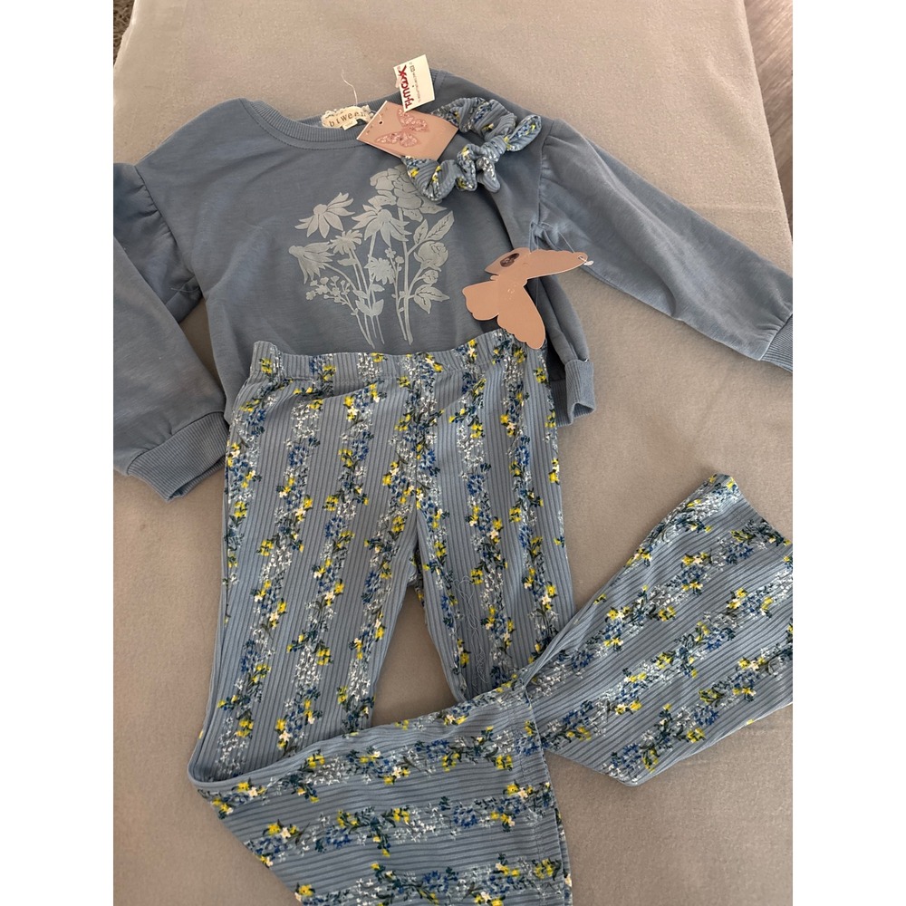 Btween Girls 4T 3pc Set Dusty Blue Floral Sweatshirt Flare Pants & Scrunchie NEW